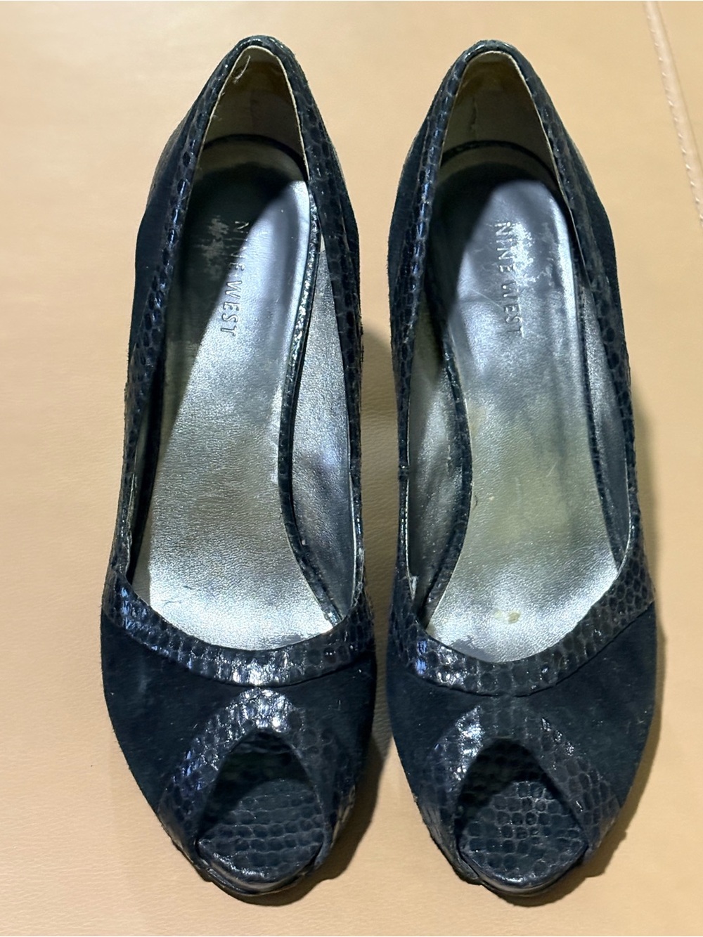Nine West Black Peep-Toe Snake-Textured Pumps